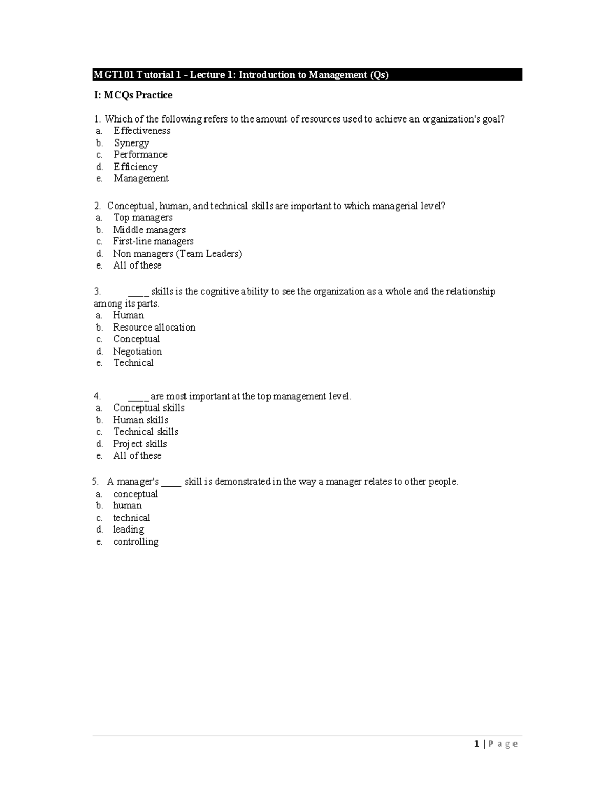 Tutorial 1 - MGT101 Tutorial 1 - Lecture 1: Introduction to Management ...