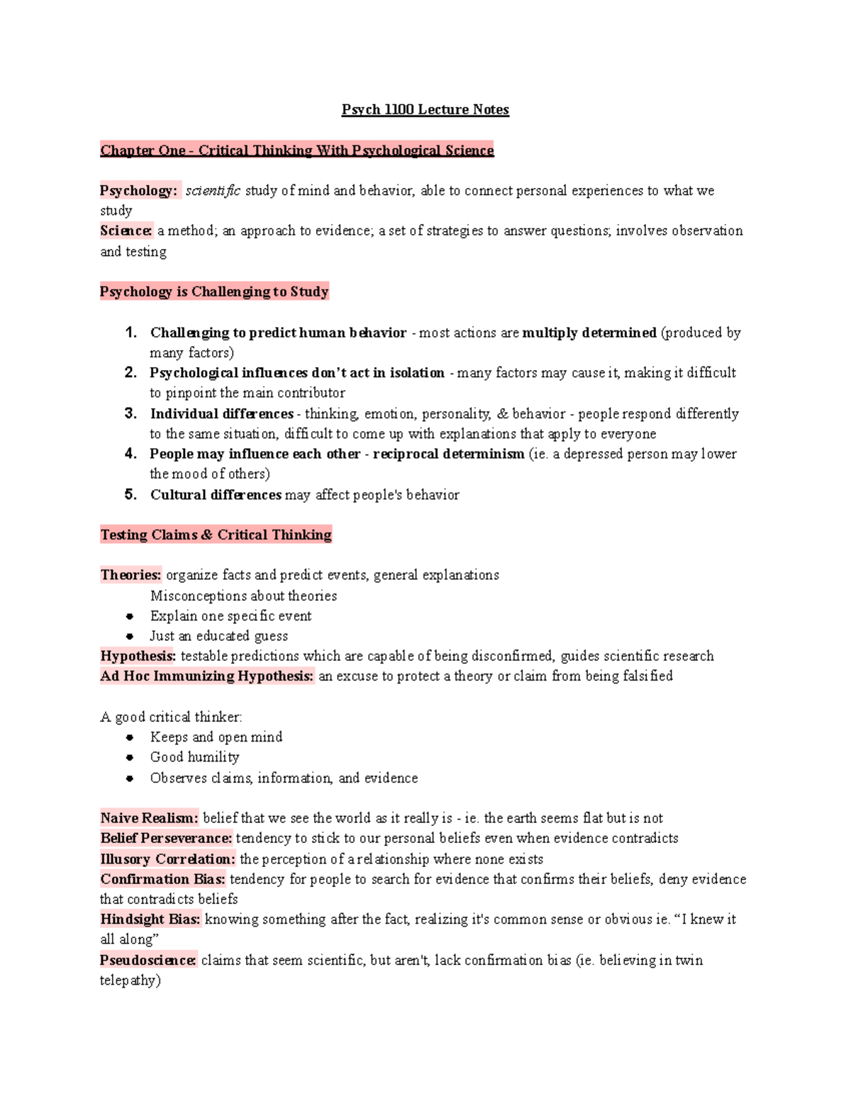 Psych 1100 Lecture Notes - Psych 1100 Lecture Notes Chapter One ...