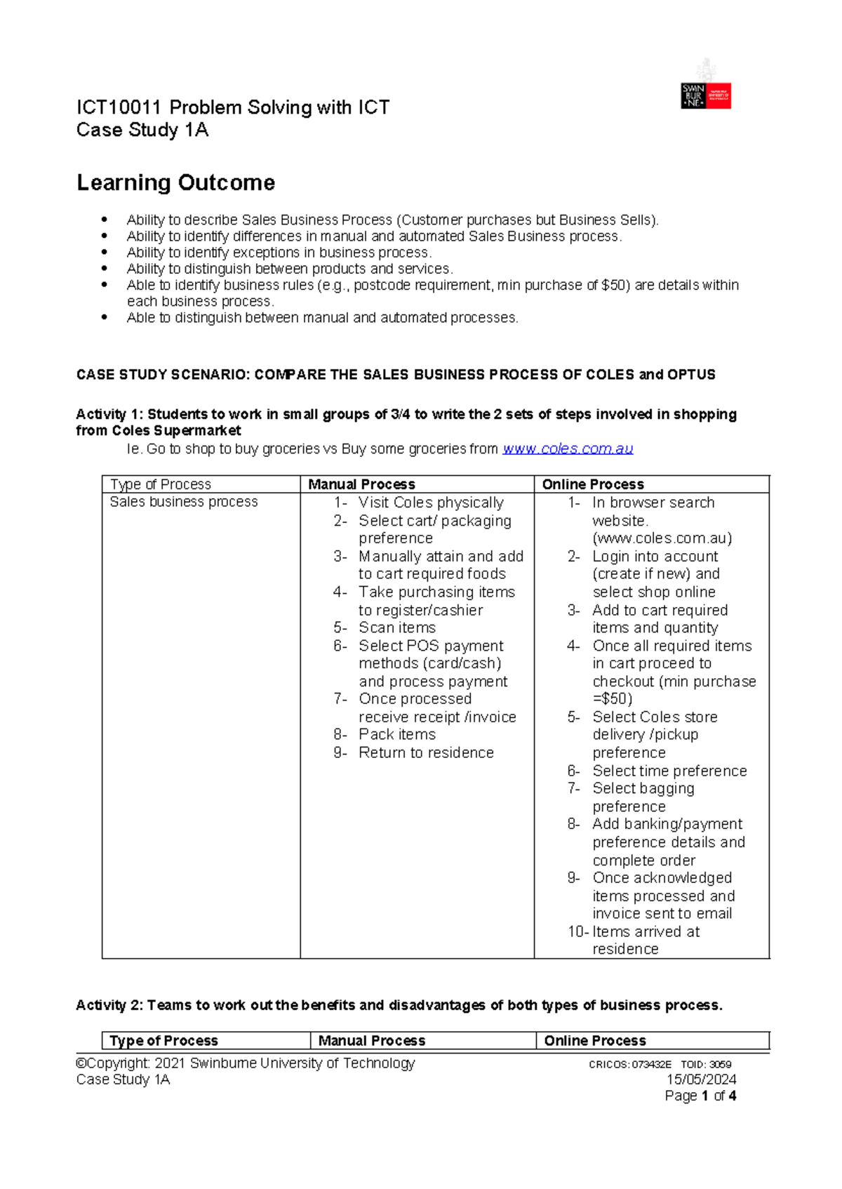 ICT10011 Case Study 1-1 - Case Study 1A Learning Outcome Ability to ...