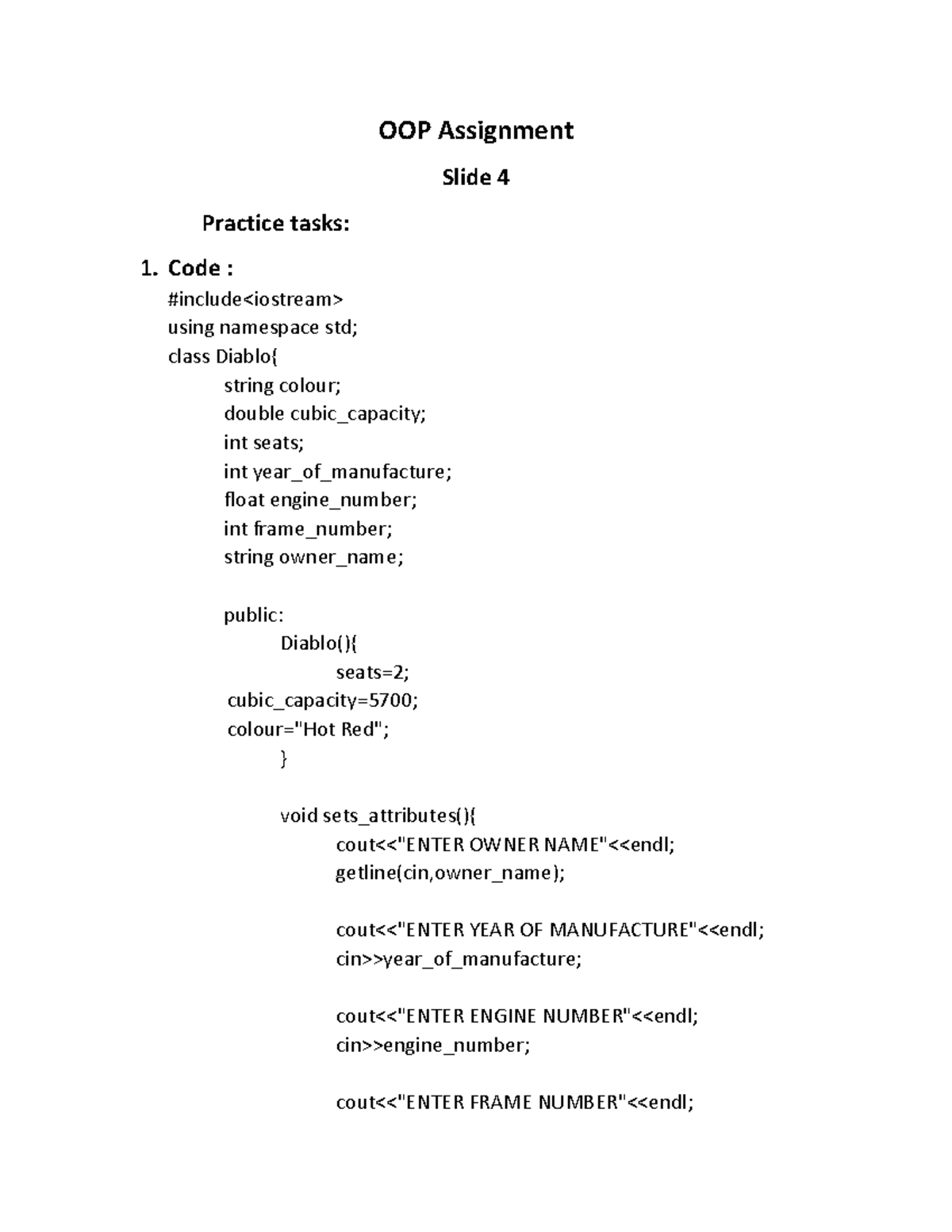 oop assigment for practice - OOP Assignment Slide 4 Practice tasks: 1 ...