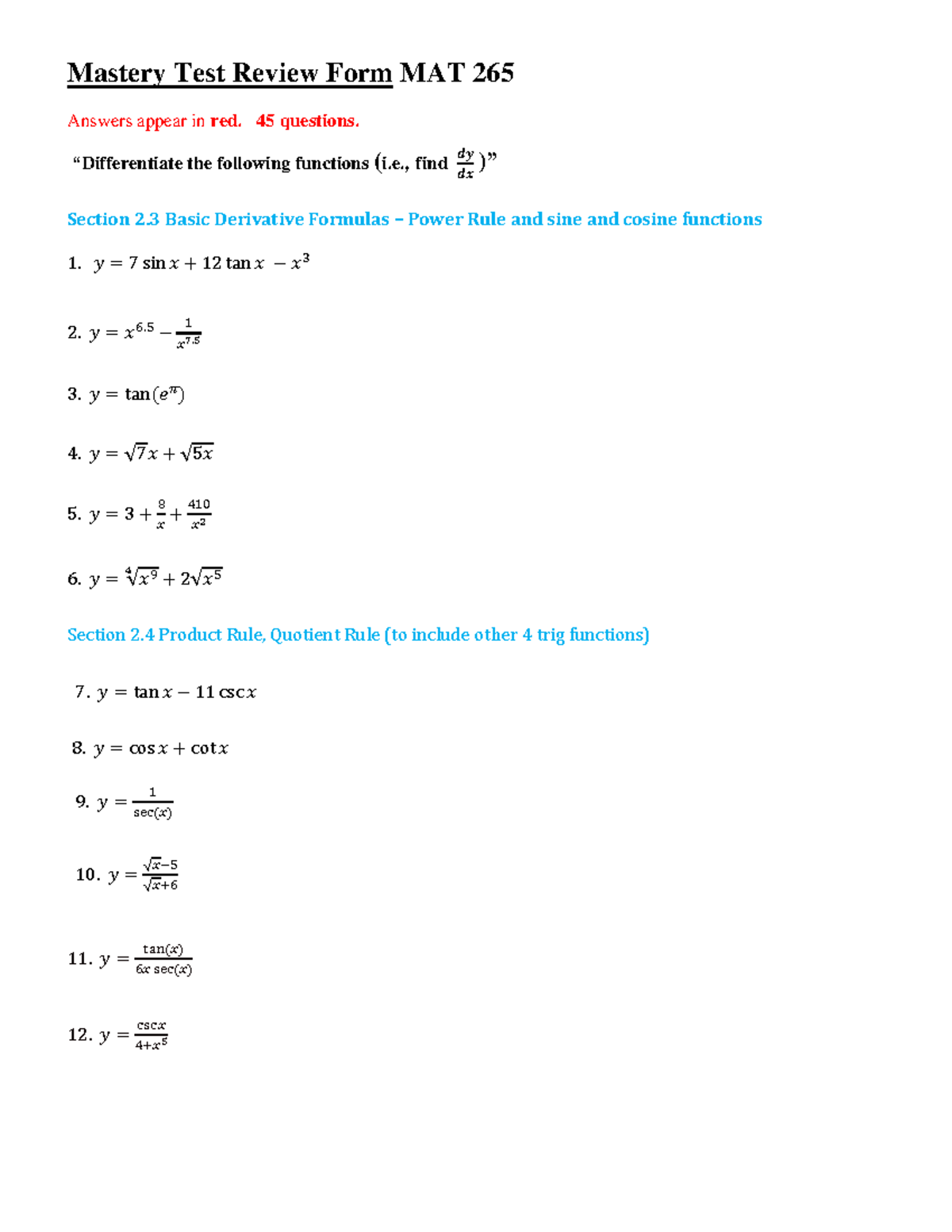 Mat 265 Mastery Exam Review Nov2019 - Mastery Test Review Form MAT 265 ...