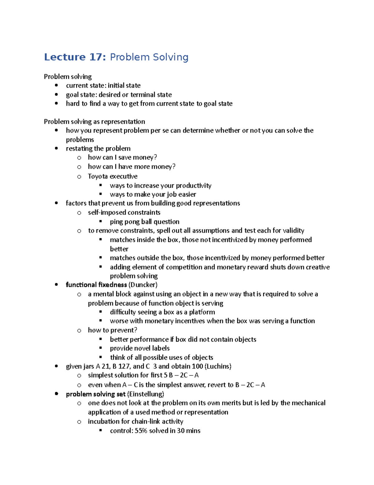 PSYC 179 Lecture 17 - Lecture 17: Problem Solving Problem solving ...