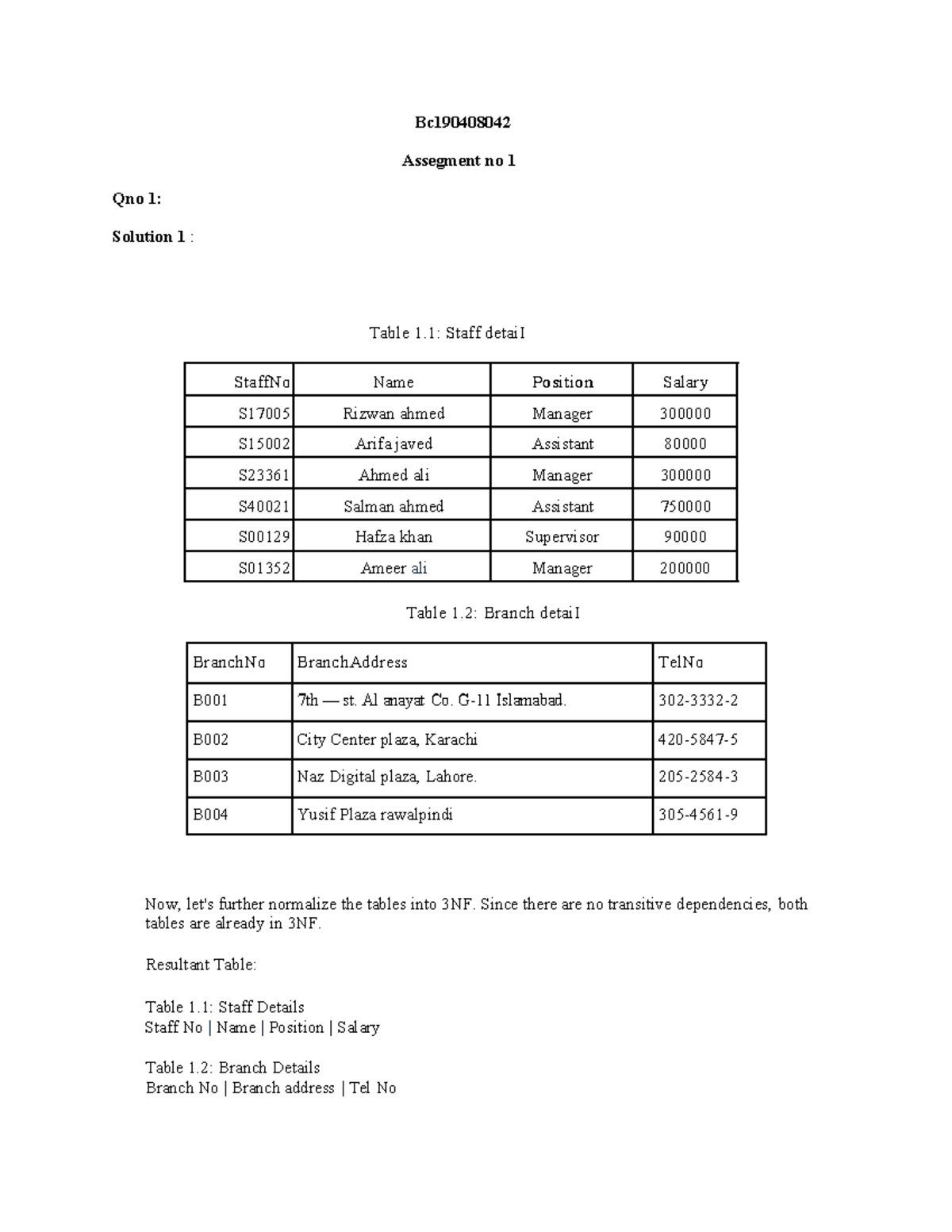BC190408042 - fdfad - Bc Assegment no 1 Qno 1: Solution 1 : Table 1 ...