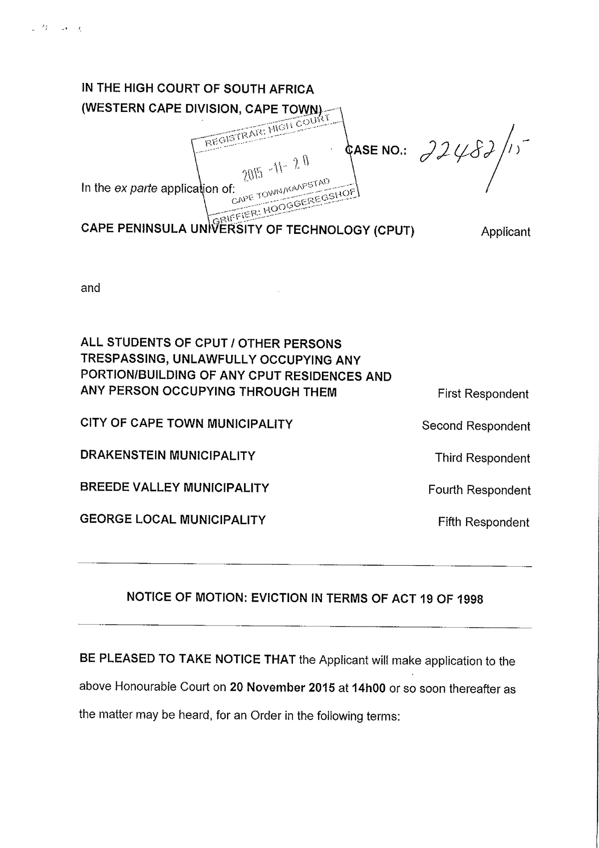 Notice of motion Eviction application - Studocu