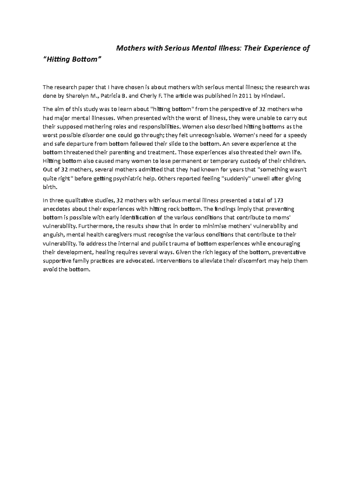 COM102 S3 - this is an summary of an paper. - Mothers with Serious ...