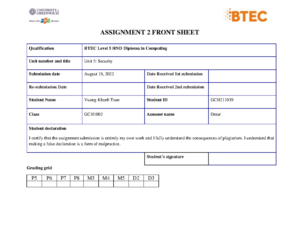 1 Unit 5 - Assignment 2 frontsheet - ASSIGNMENT 2 FRONT SHEET ...