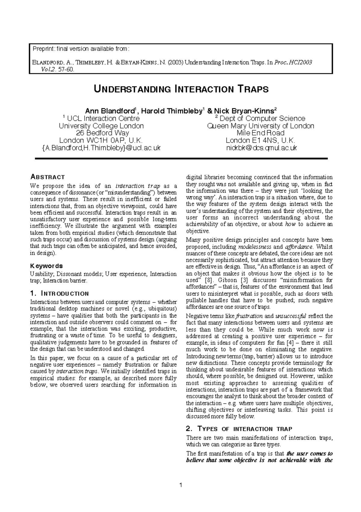 Understanding Interaction Traps - Preprint: final version available ...