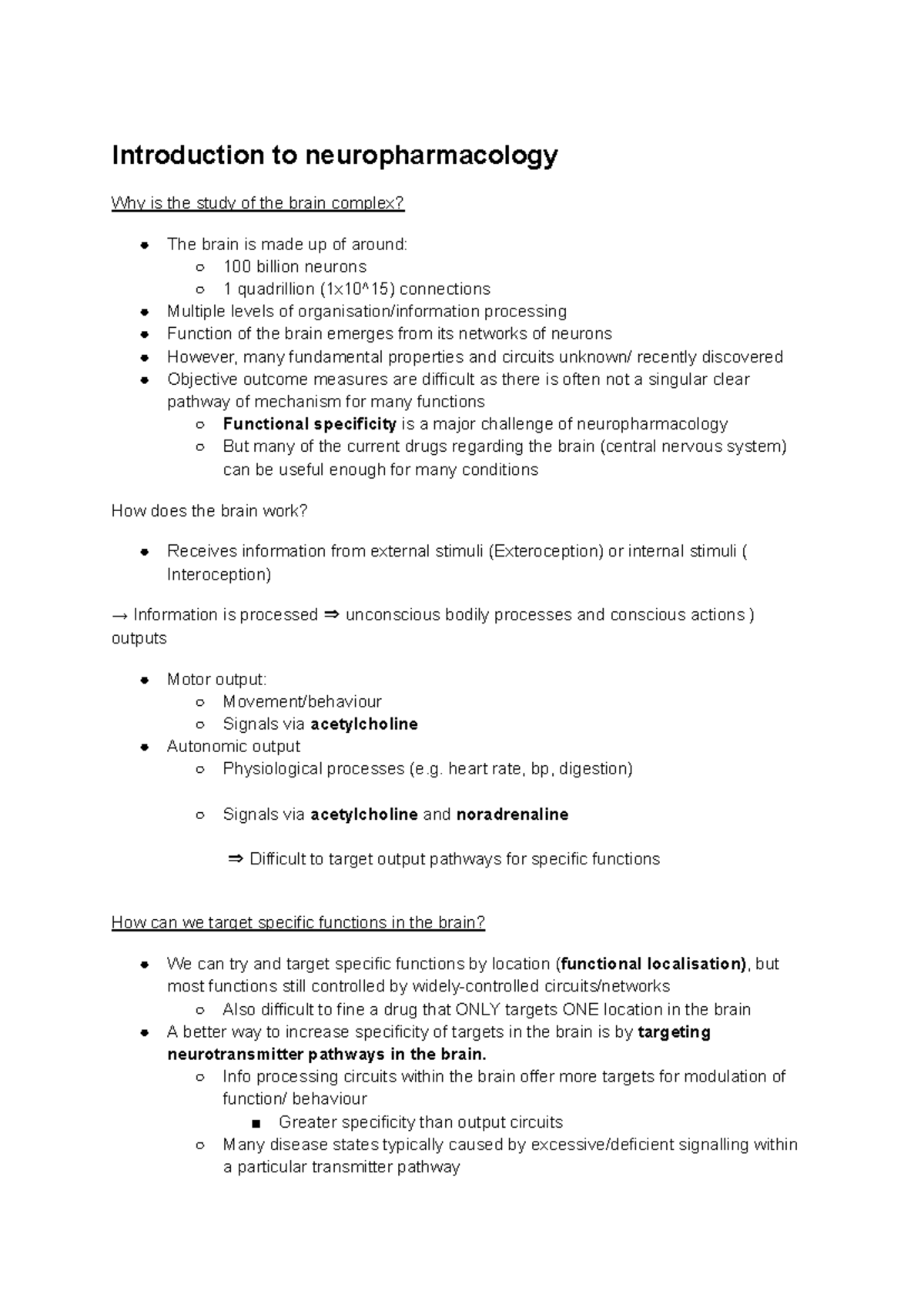 PHAR0002 Pharmacology of the brain lecture notes - Introduction to ...