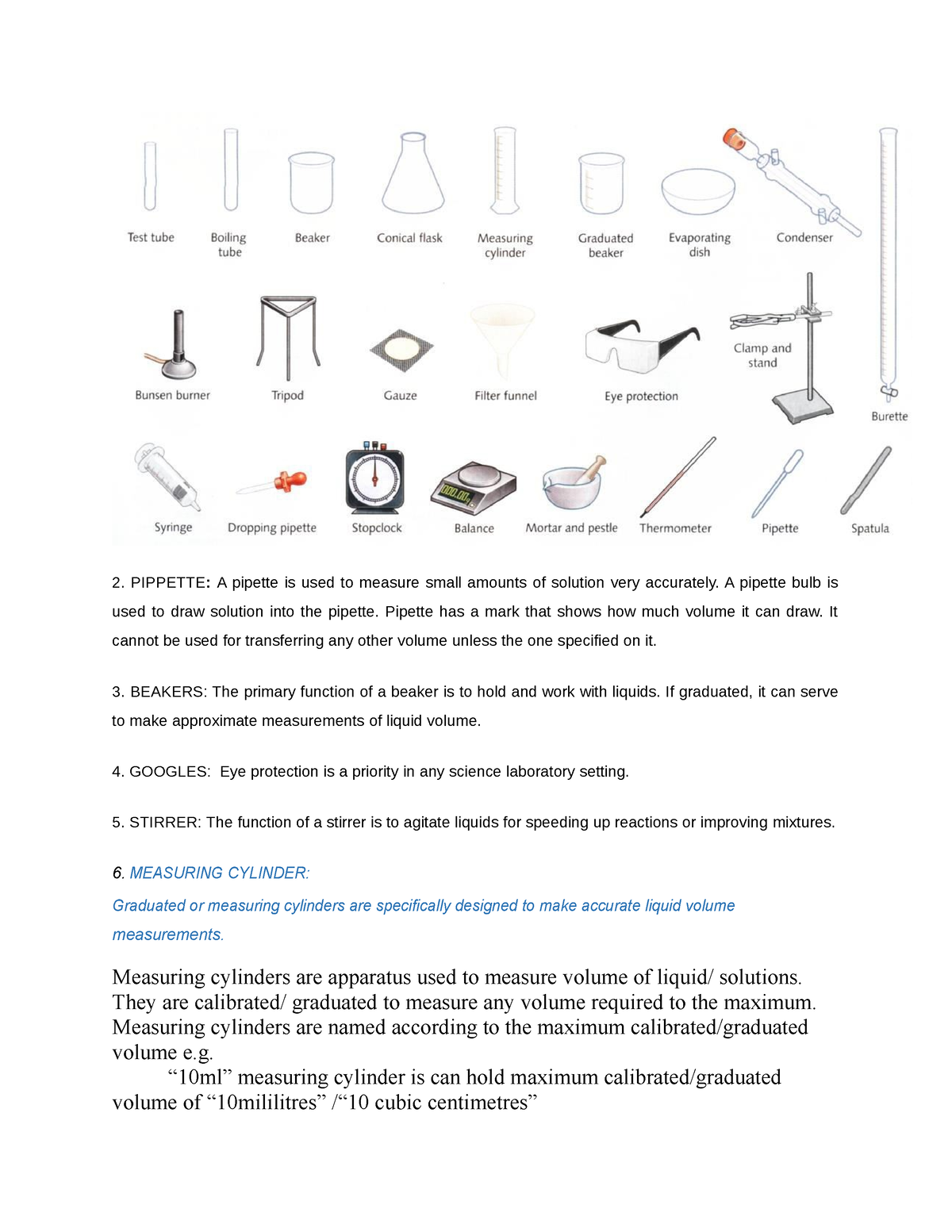 Notes of 10 grade Chemistry Class - PIPPETTE: A pipette is used to ...