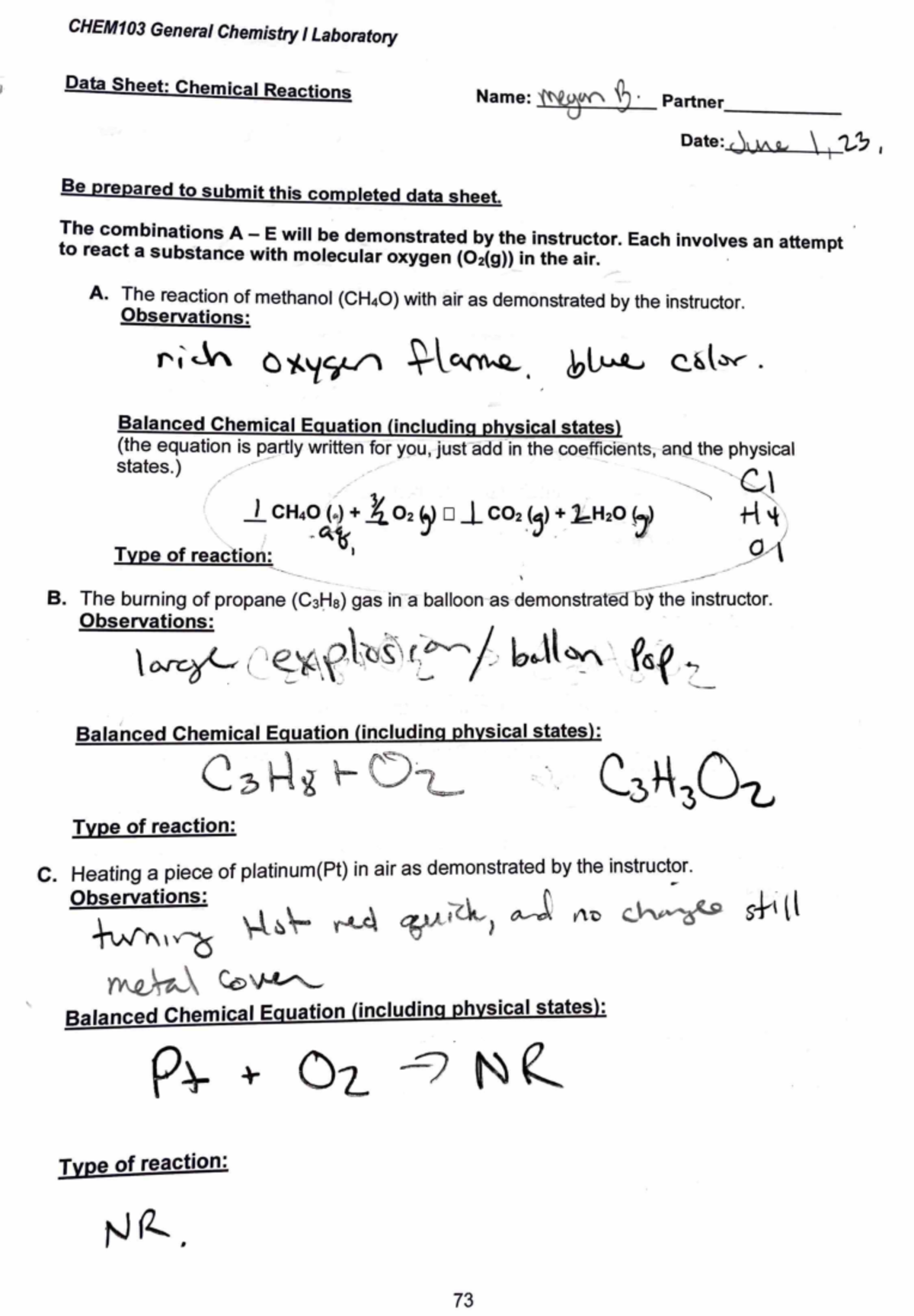 Chem%20reation%20lab%207 - Data Sheet: Chemical Reactions Name: (I ...