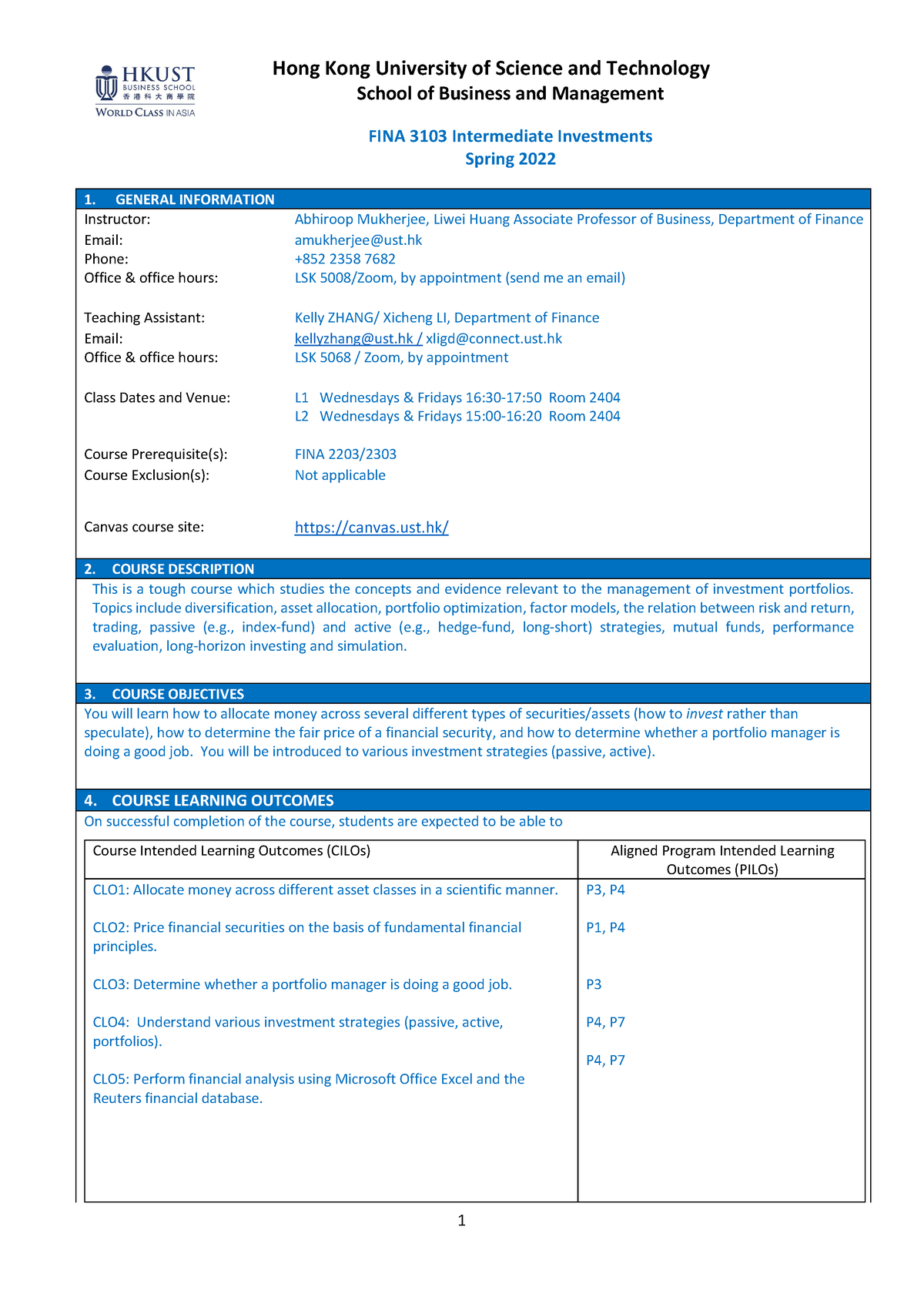 FINA 3103 Syllabus Spring 2022 - Hong Kong University Of Science And ...