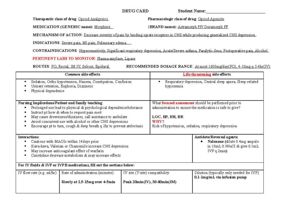 Morphine Sulfate Drug Card - DRUG CARD Student Name ...