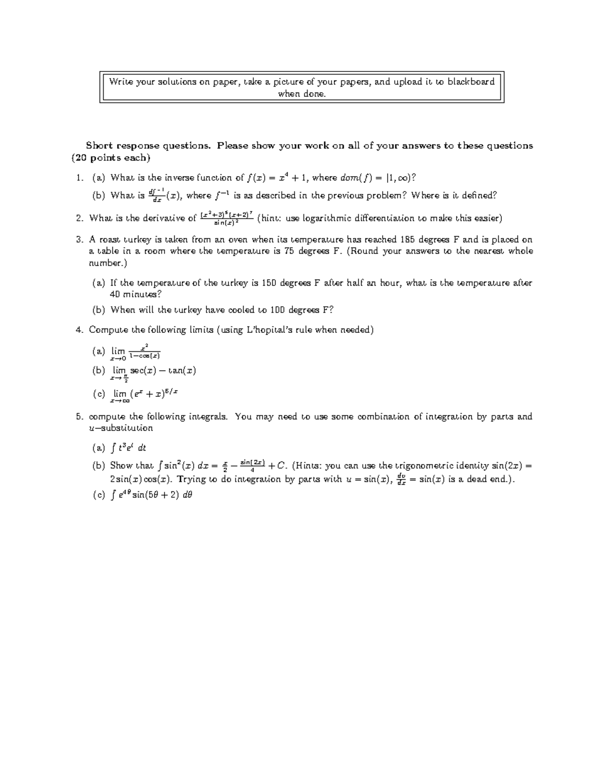 Calc 2 practice questions - Write your solutions on paper, take a ...