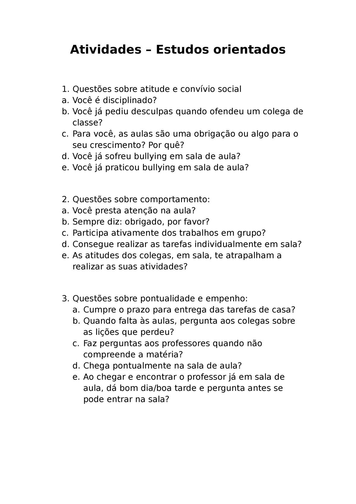 Atividades Estudos Orientados Questoes Sobre Comportamento E Convivio ...