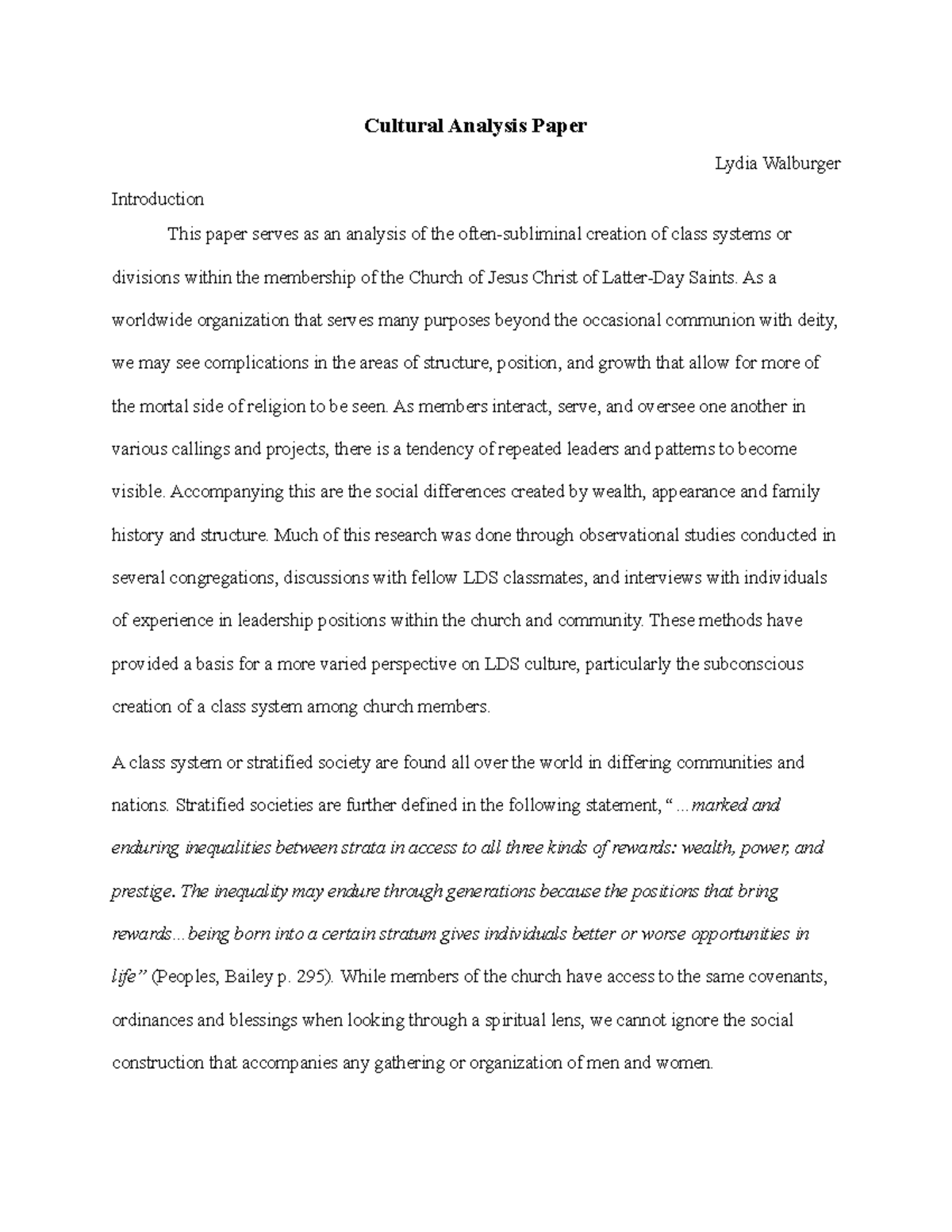 Week 14 LDS Cultural Analysis Cultural Analysis Paper Lydia Walburger 