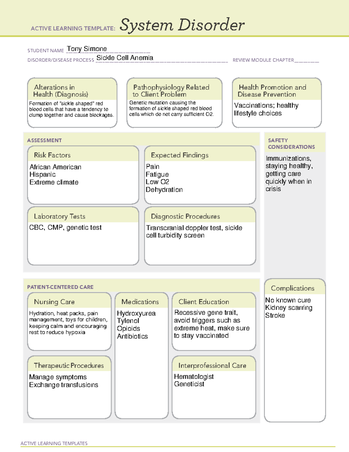 Sickle Cell Anemia ALT ACTIVE LEARNING TEMPLATES System Disorder