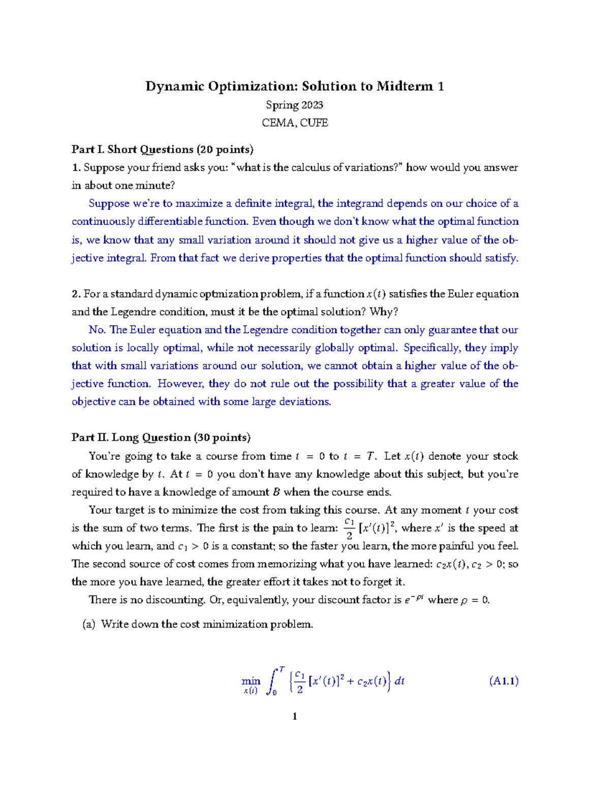 Dyn Opt midterm sol s23 - no solutions - Dynamic Optimization: Solution ...
