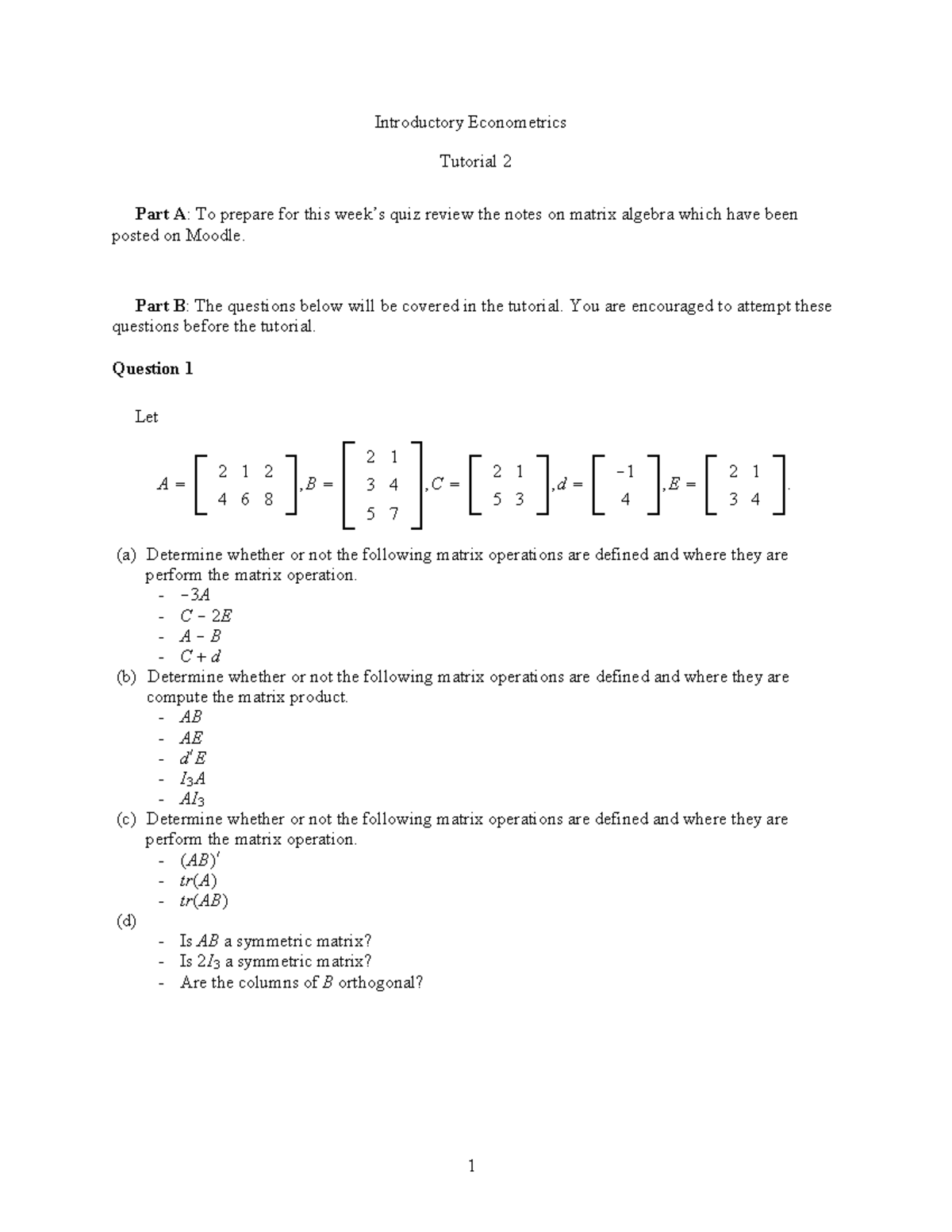 Tutorial Exercise Week 2 - Introductory Econometrics Tutorial 2 Part A ...