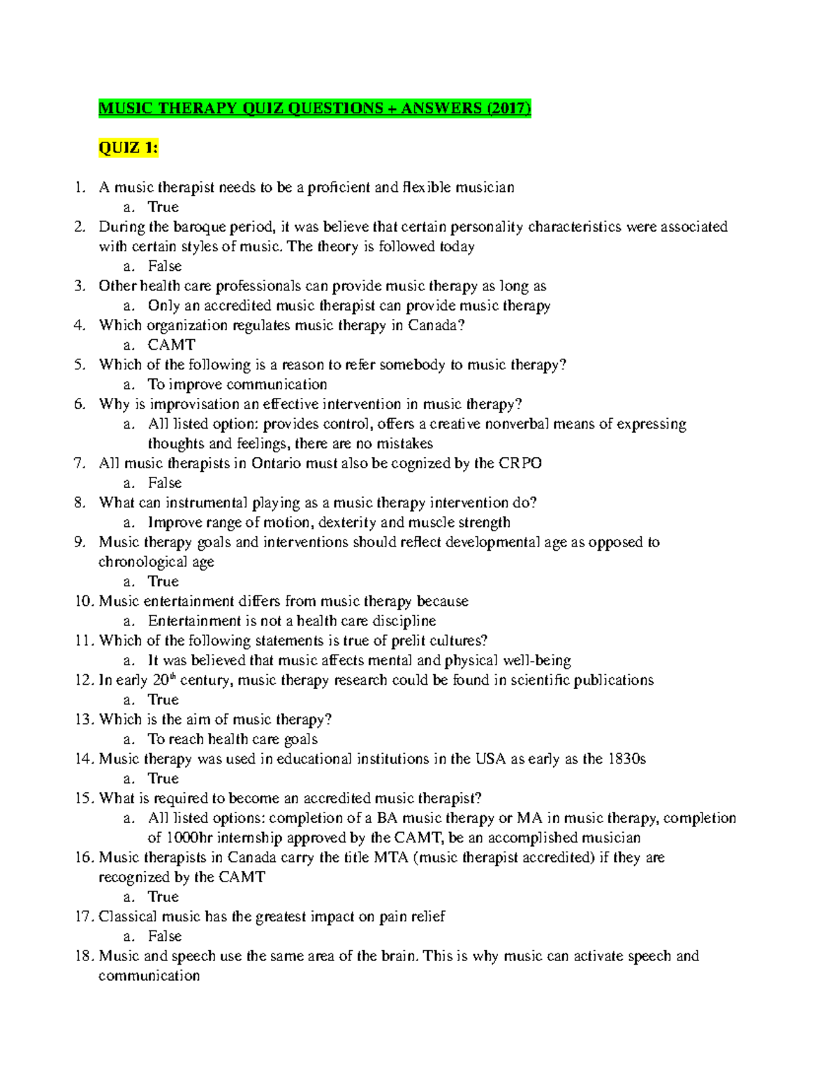 Music Therapy Quizzes MUSIC THERAPY QUIZ QUESTIONS + ANSWERS (2017