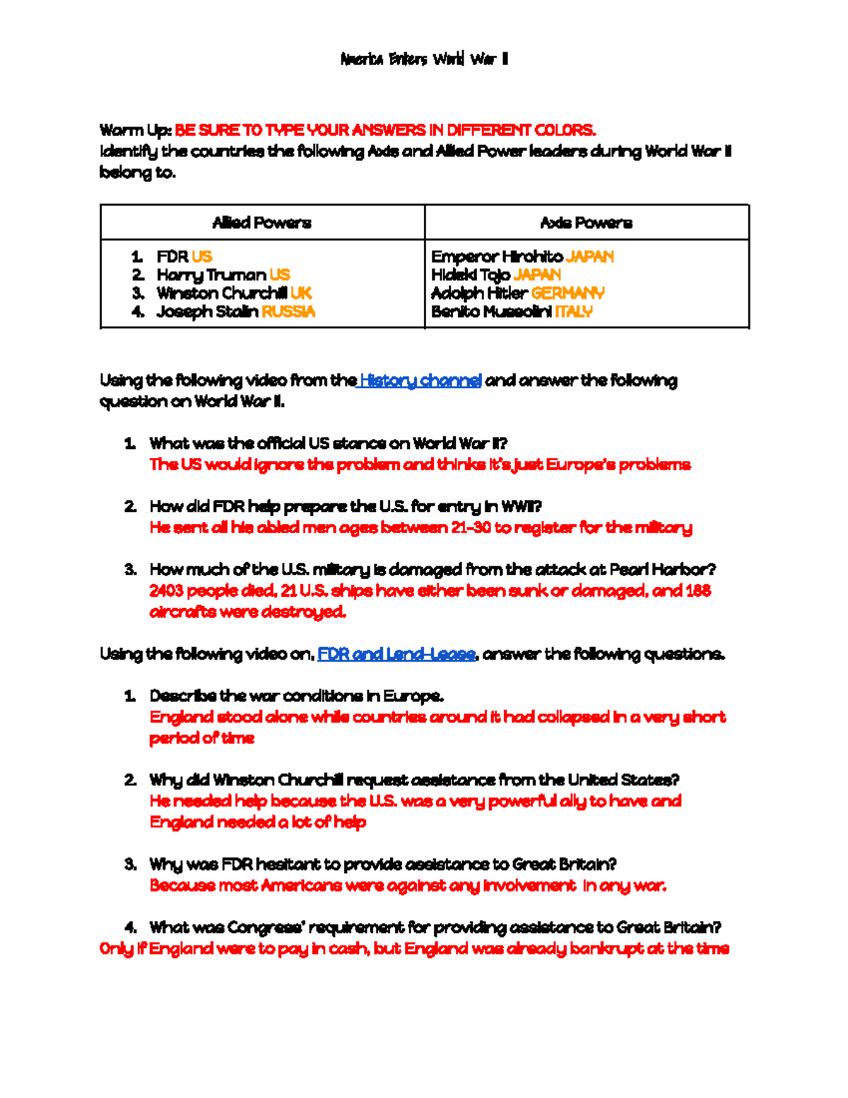 WWII USA World History America Enters World War II Warm Up BE SURE TO TYPE YOUR ANSWERS