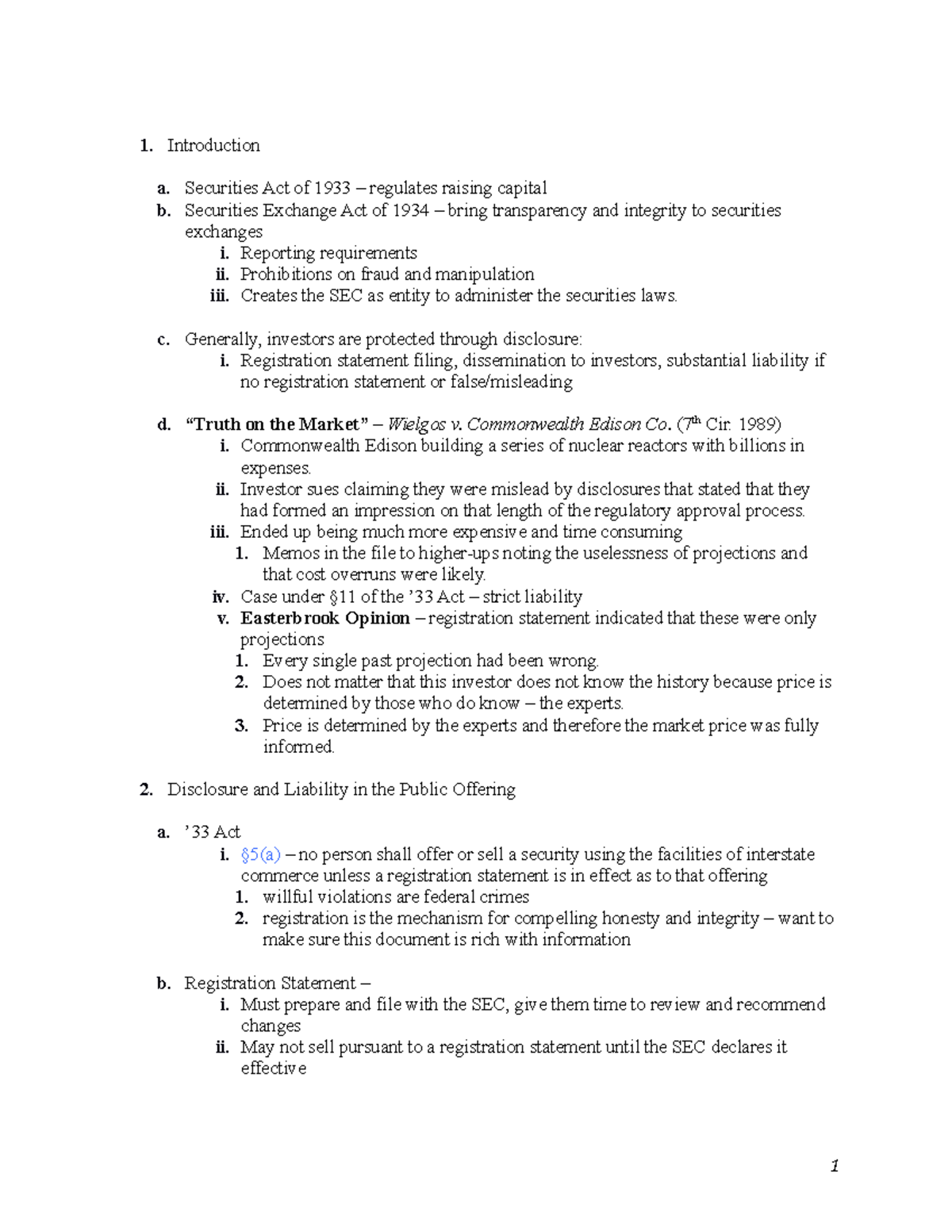 Securities Outline - Introduction a. Securities Act of 1933 – regulates ...