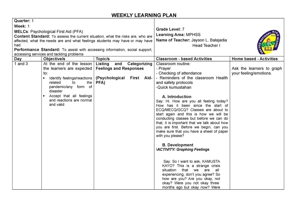 WLP Mphss Q1 Week1 - Sample WLP - Quarter: 1 Week: 1 MELCs ...