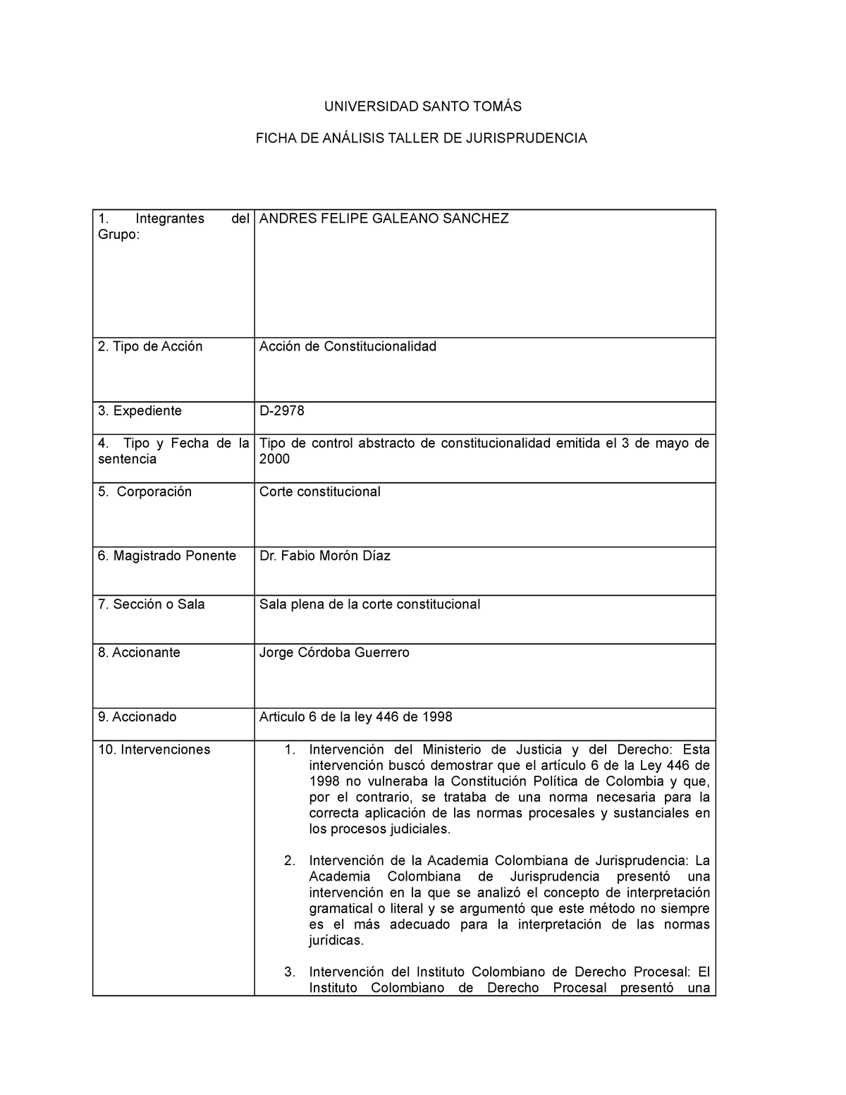 Ficha Jurisprudencia - UNIVERSIDAD SANTO TOMÁS FICHA DE ANÁLISIS TALLER ...