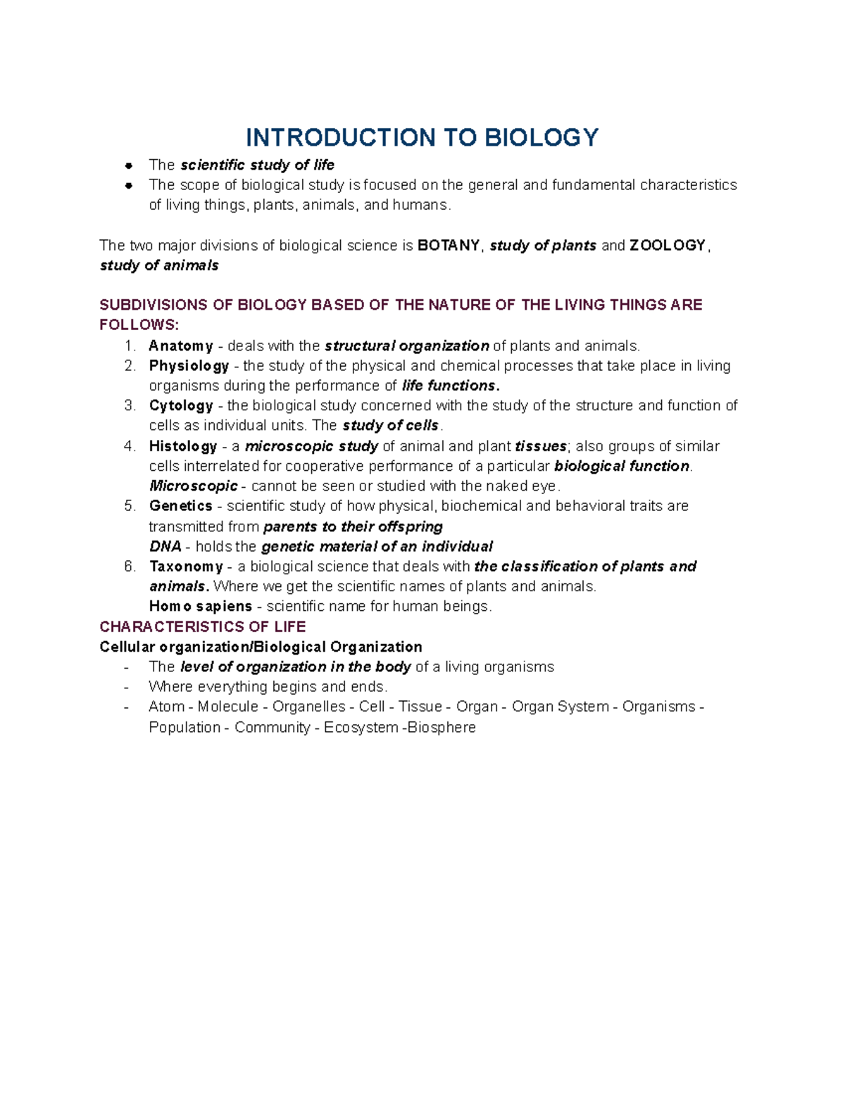 General Biology - INTRODUCTION TO BIOLOGY The scientific study of life ...