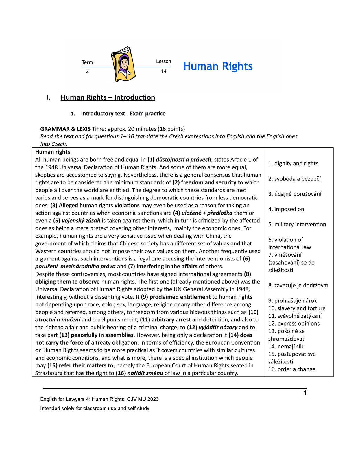 Lesson 14 Human Rights - I. Human Rights – Introduction Introductory ...