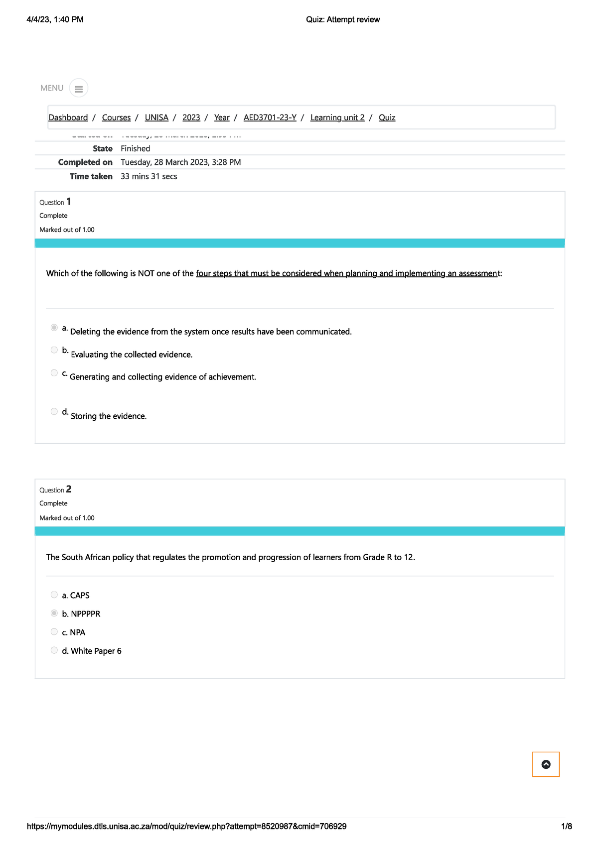 Learning Unit 2 Quiz - aed3701 - Studocu