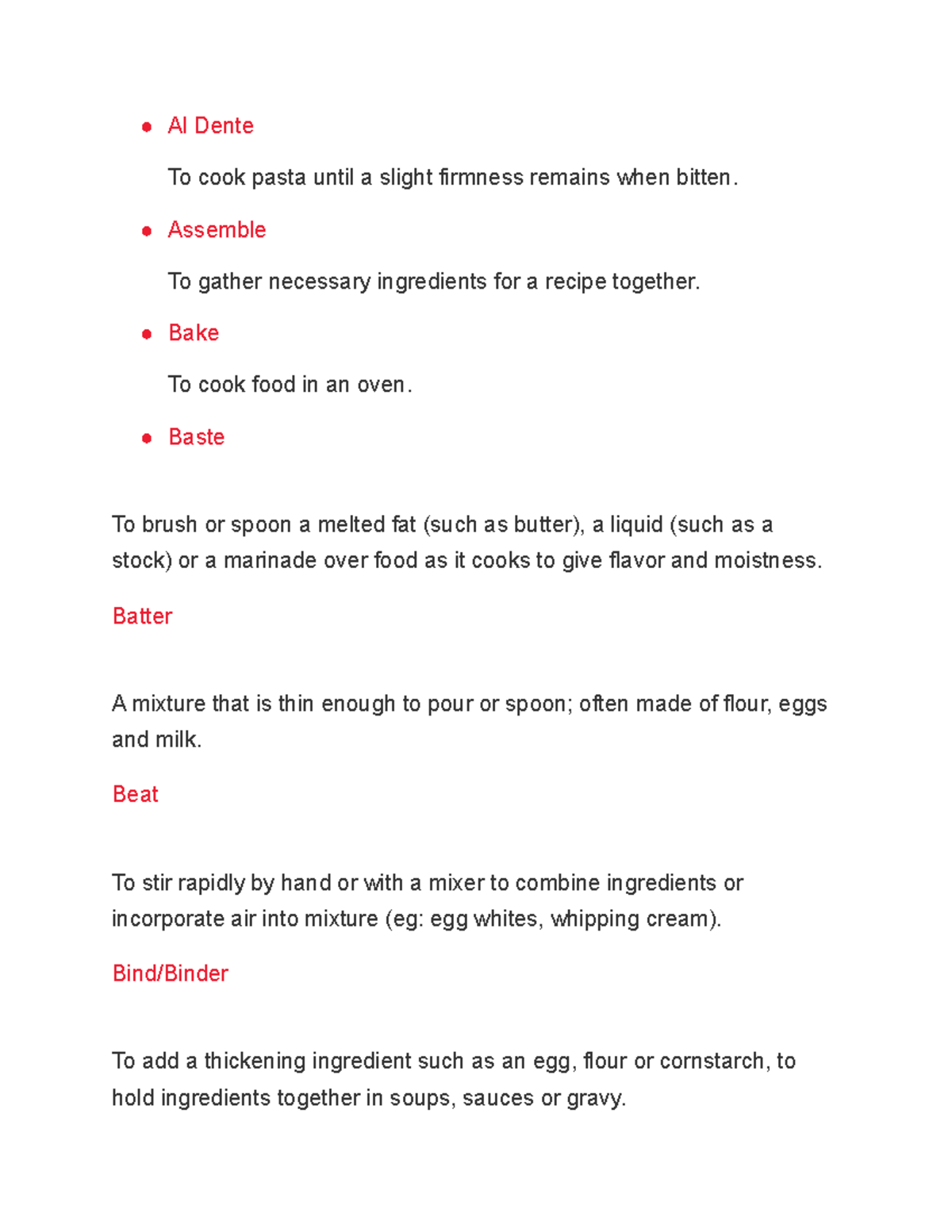 Cooking Terms For academic use Al Dente To cook pasta until a