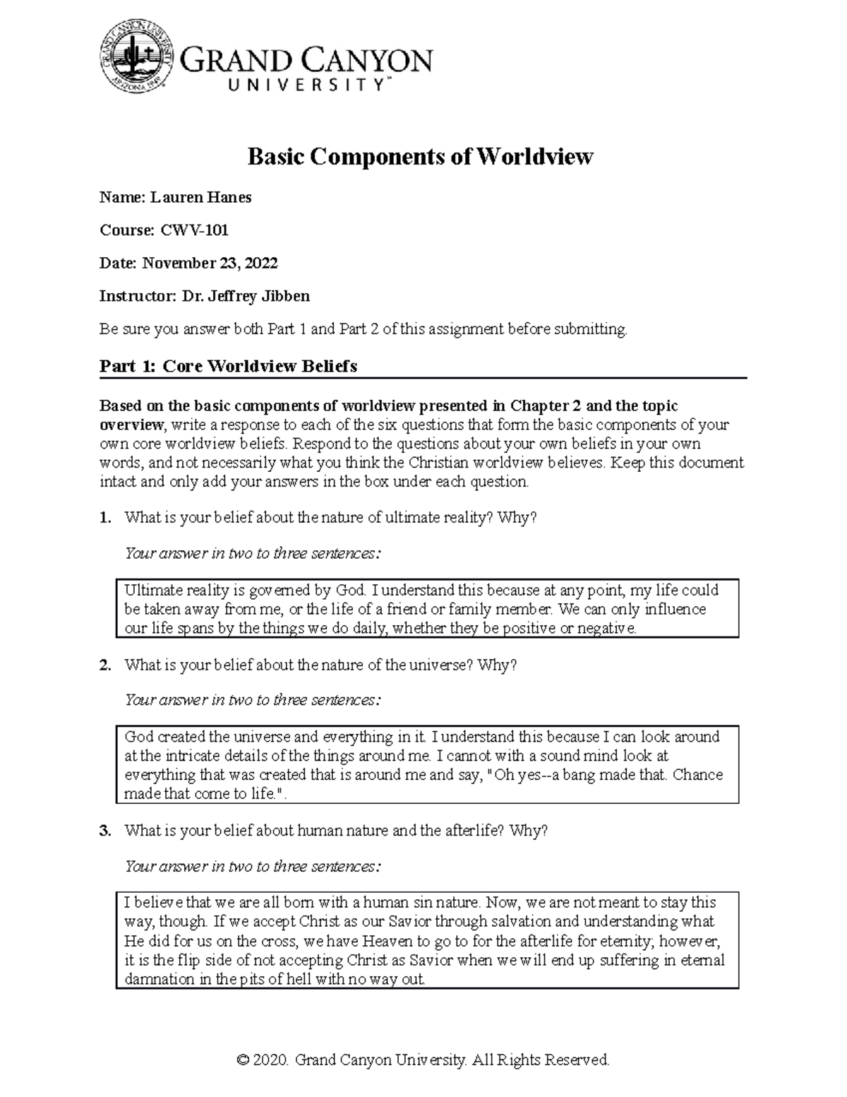 Topic 1 Assignment - 2022-2023 - Basic Components of Worldview Name