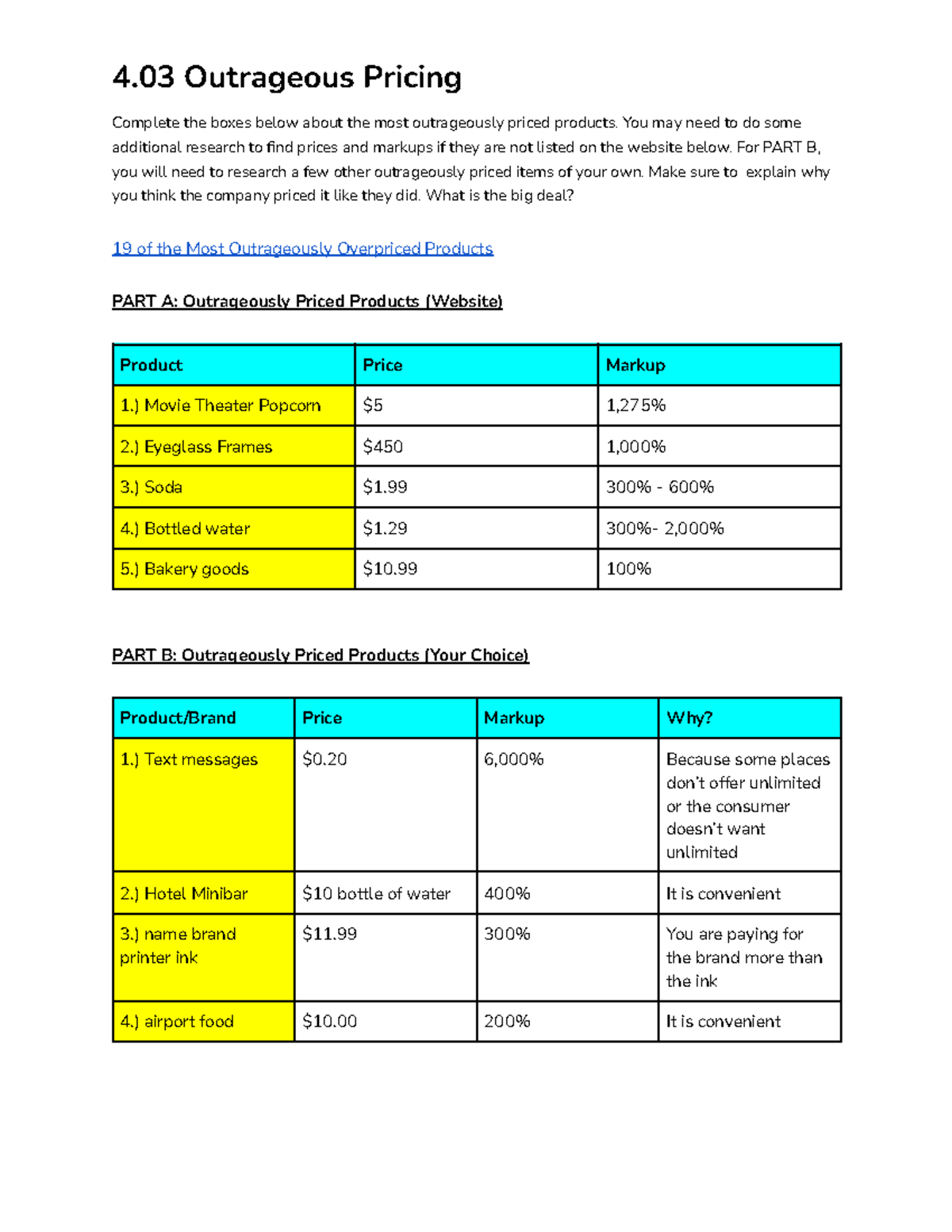 4.03 Outrageous Pricing 4 Outrageous Pricing Complete the boxes below