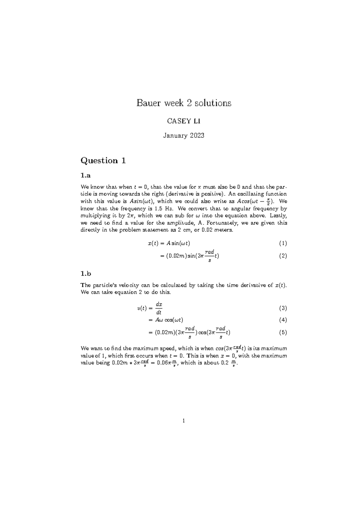 Physics 1B - Professor Bauer - Worksheet 2 Solutions - Bauer week 2 ...