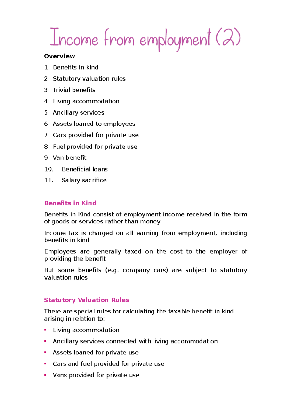 Taxable Benefits in Kind Overview and Valuation Rules Studocu