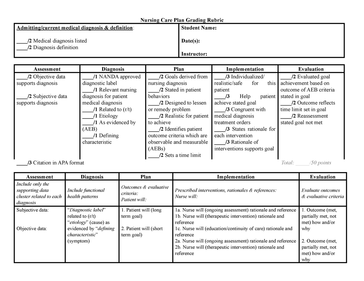 2 Nursing Care Plan Template And Grading Rubricdocx 1 Nursing Care Plan Grading Rubric 7338