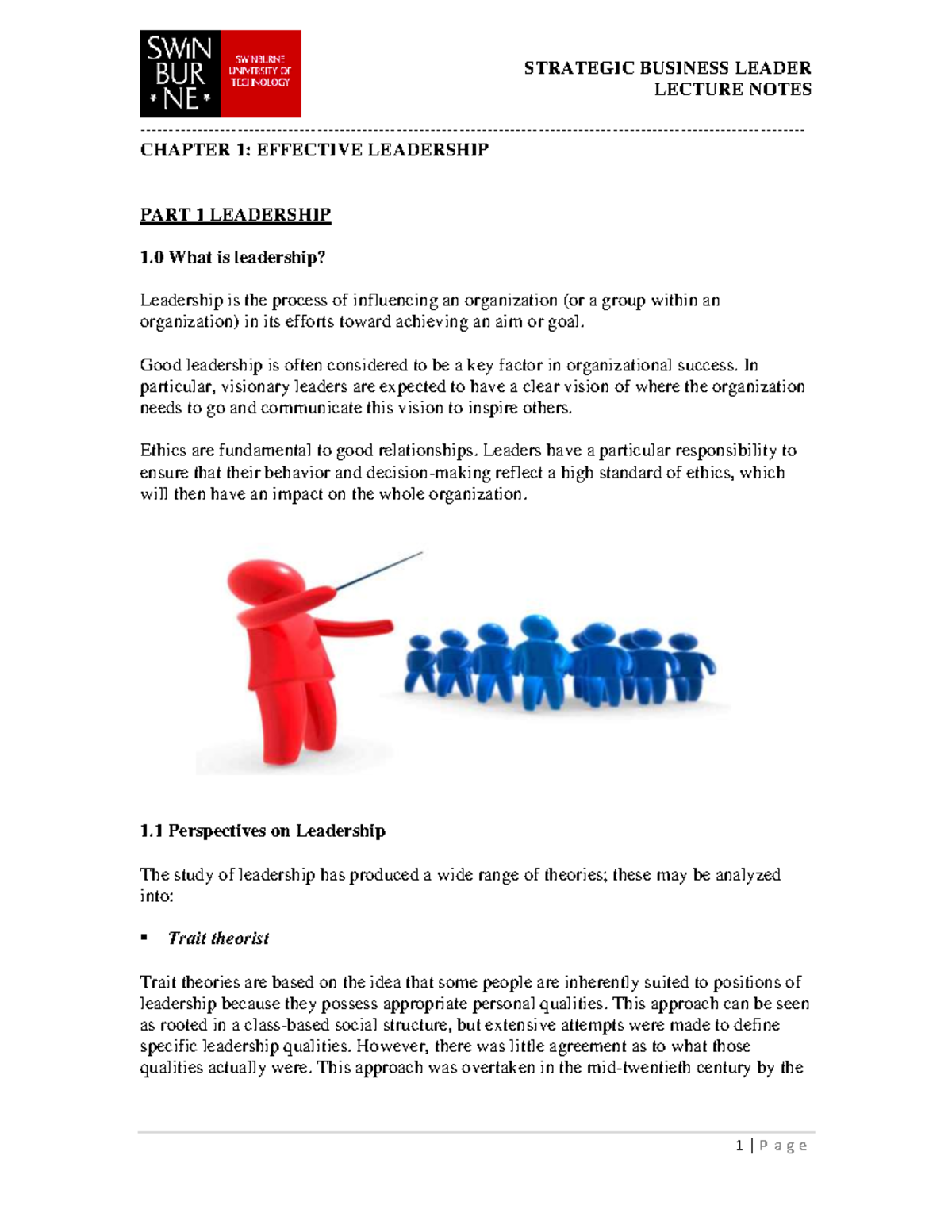 SBL Chapter 1 Part 1 - LECTURE NOTES CHAPTER 1: EFFECTIVE LEADERSHIP ...