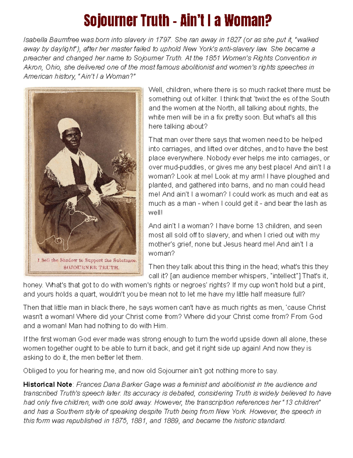 Copy Of Sojourner Truth-Ain't I A Woman Assignment - Sojourner Truth ...