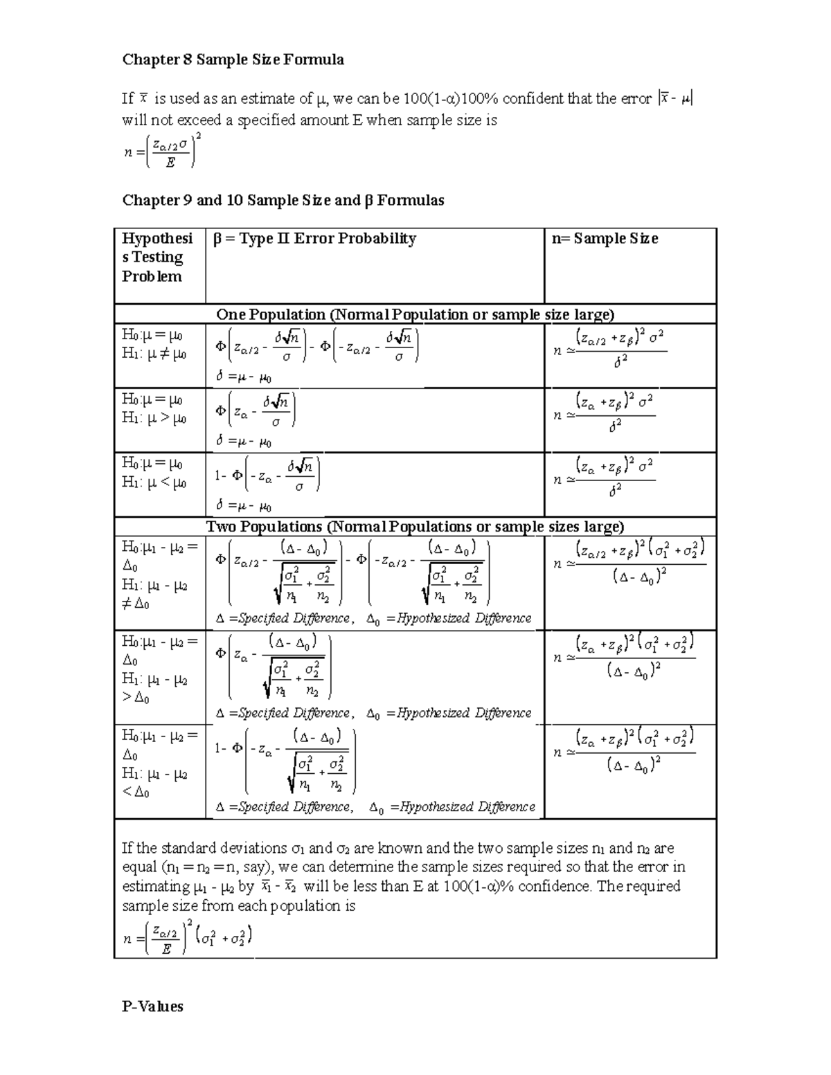 Sample Size Beta Formulas - Chapter 8 Sample Size Formula If x is used ...