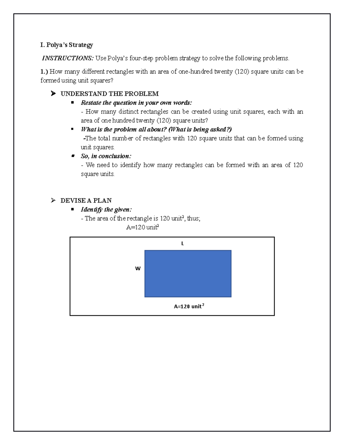 Polya's Solving Strategy Activity - I. Polya’s Strategy INSTRUCTIONS ...