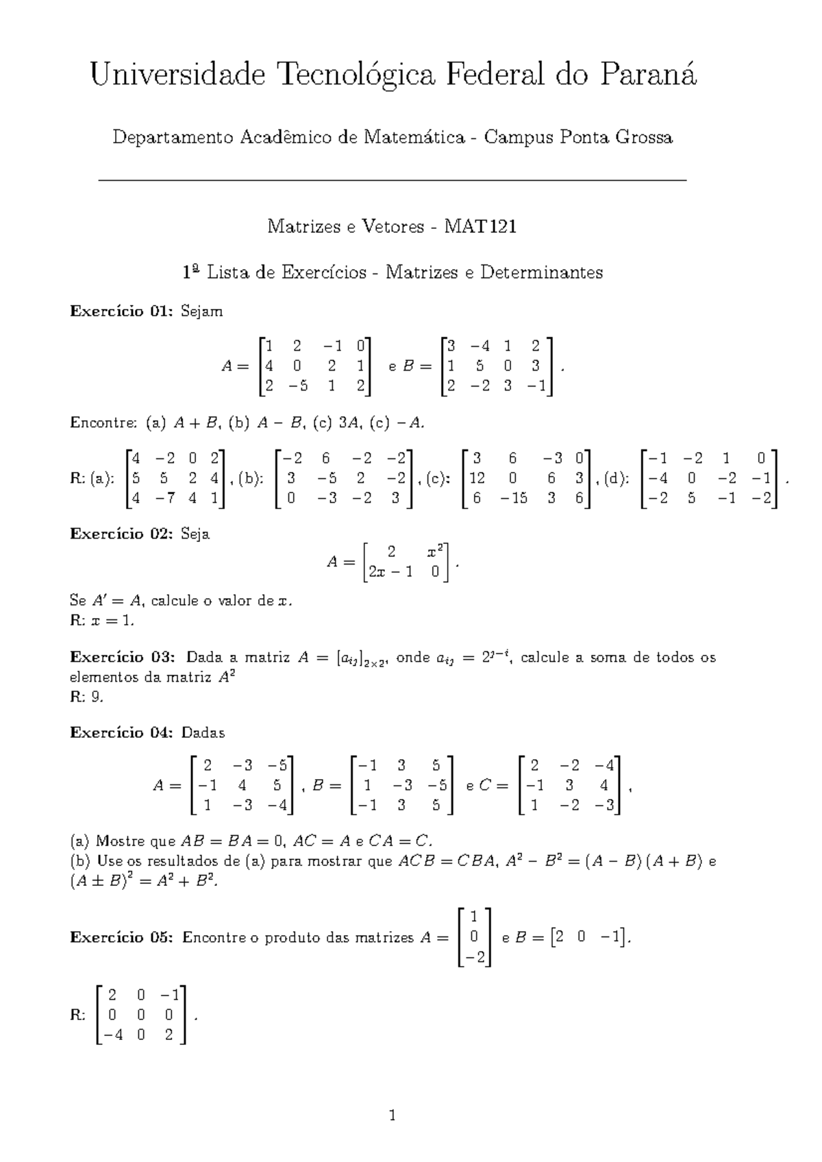 Lista Exercicios - Universidade Tecnol ́ogica Federal Do Paran ́a ...