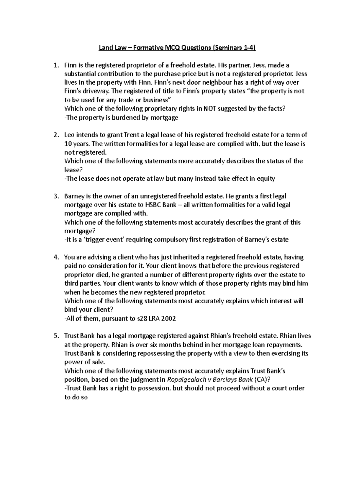 Land Law - Formative MCQ Questions (Seminars 1-4) - Land Law ...