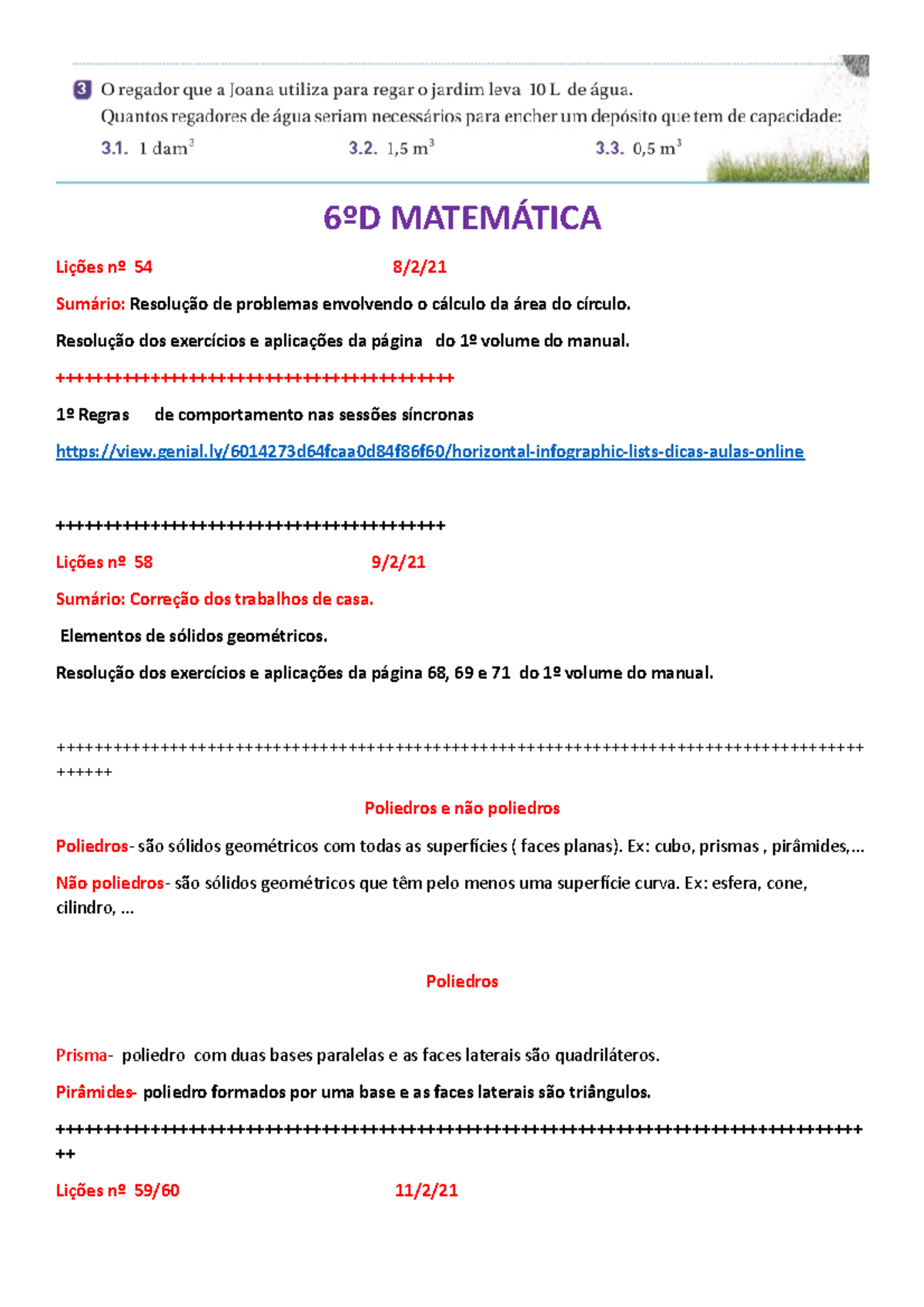 6ºD Matemática Sumários C - Ciências Naturais - AE Virgínia Moura - Studocu