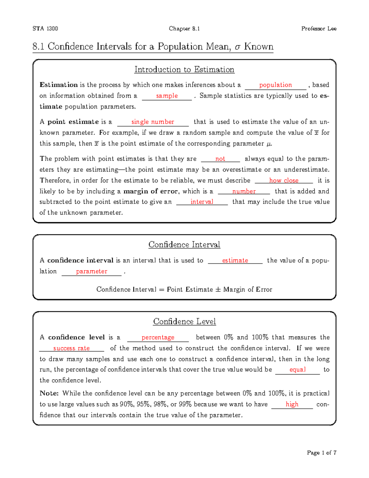 STA 1300 Confidence Intervals FOR Population MEAN Known - 8 Confidence ...