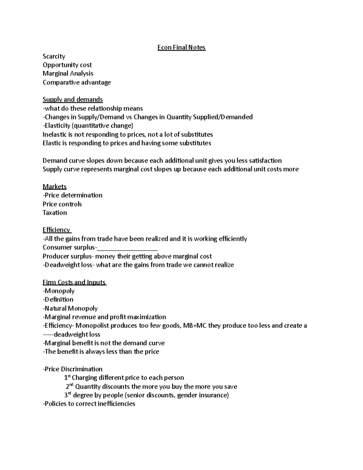 Econ Final Notes - Econ Final Notes Scarcity Opportunity cost Marginal ...