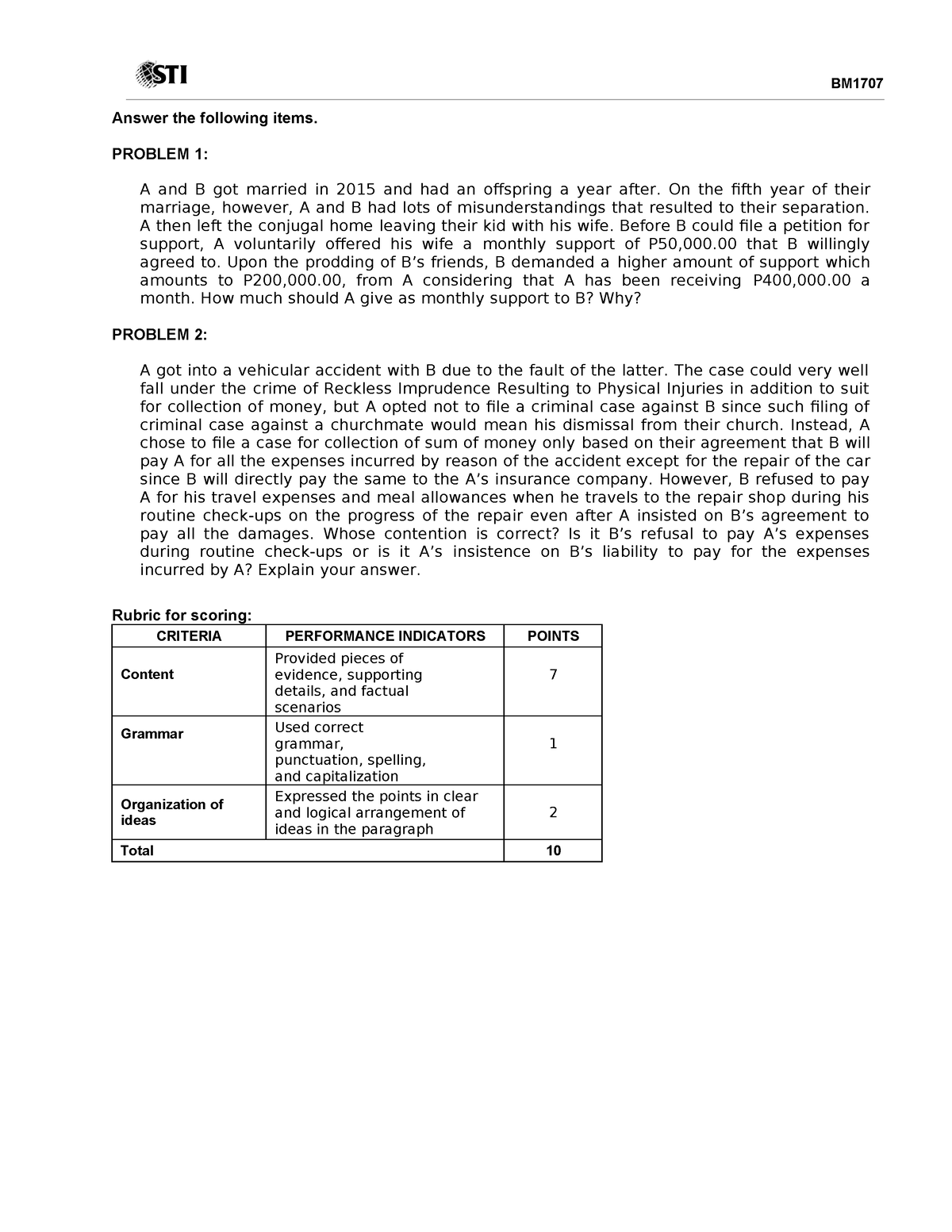 01 Activity 1(8)obli - Ccc - BM Answer The Following Items. PROBLEM 1 ...