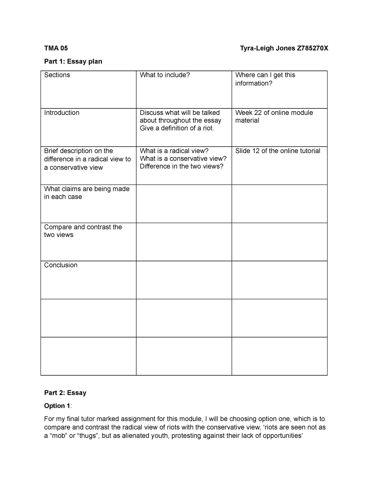 Tma 04 module 2 - TMA 05 Tyra-Leigh Jones Z785270X Part 1: Essay plan ...