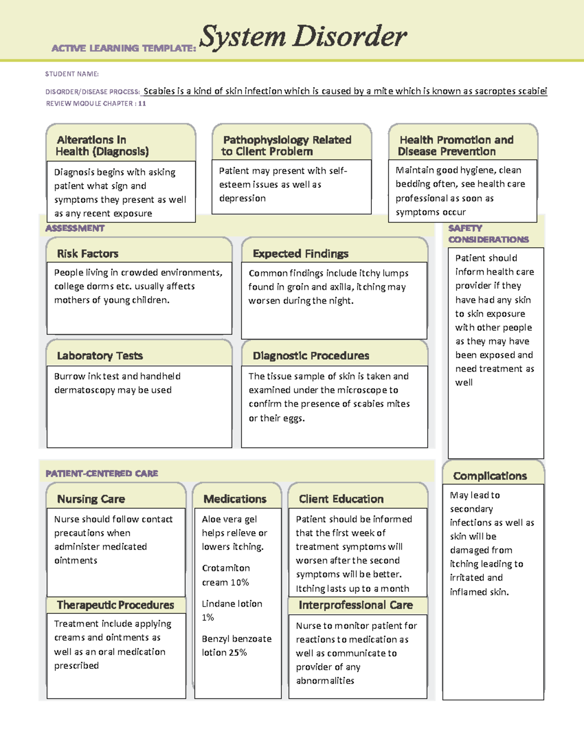 Scabies ATI system disorder template - STUDENT NAME: PROCESS: Scabies ...