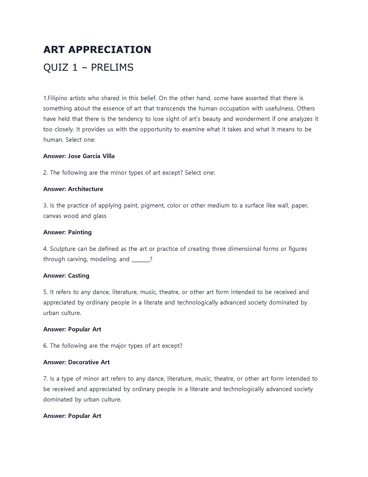 Pdfcoffee - 1231 - ART APPRECIATION QUIZ 1 – PRELIMS 1 Artists Who ...