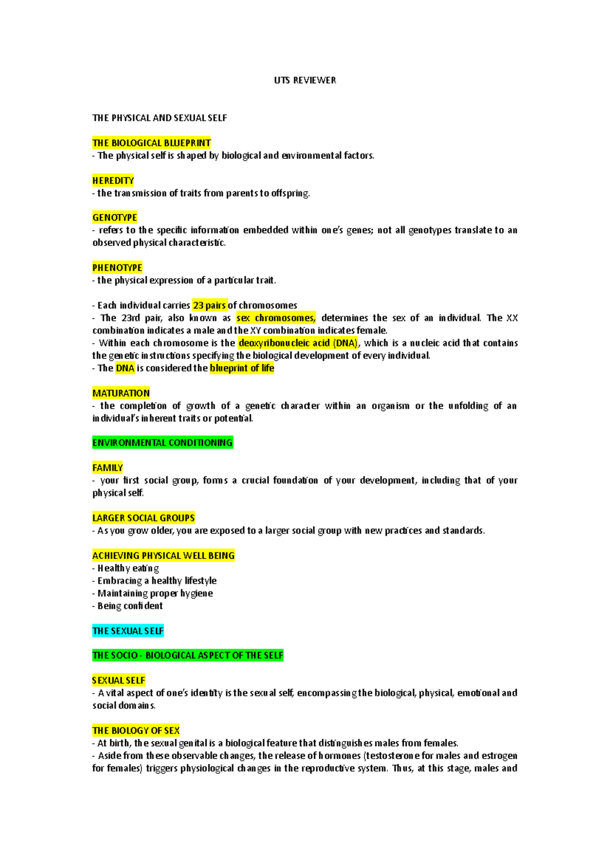 UTS- Reviewer - hehehe - UTS REVIEWER THE PHYSICAL AND SEXUAL SELF THE ...